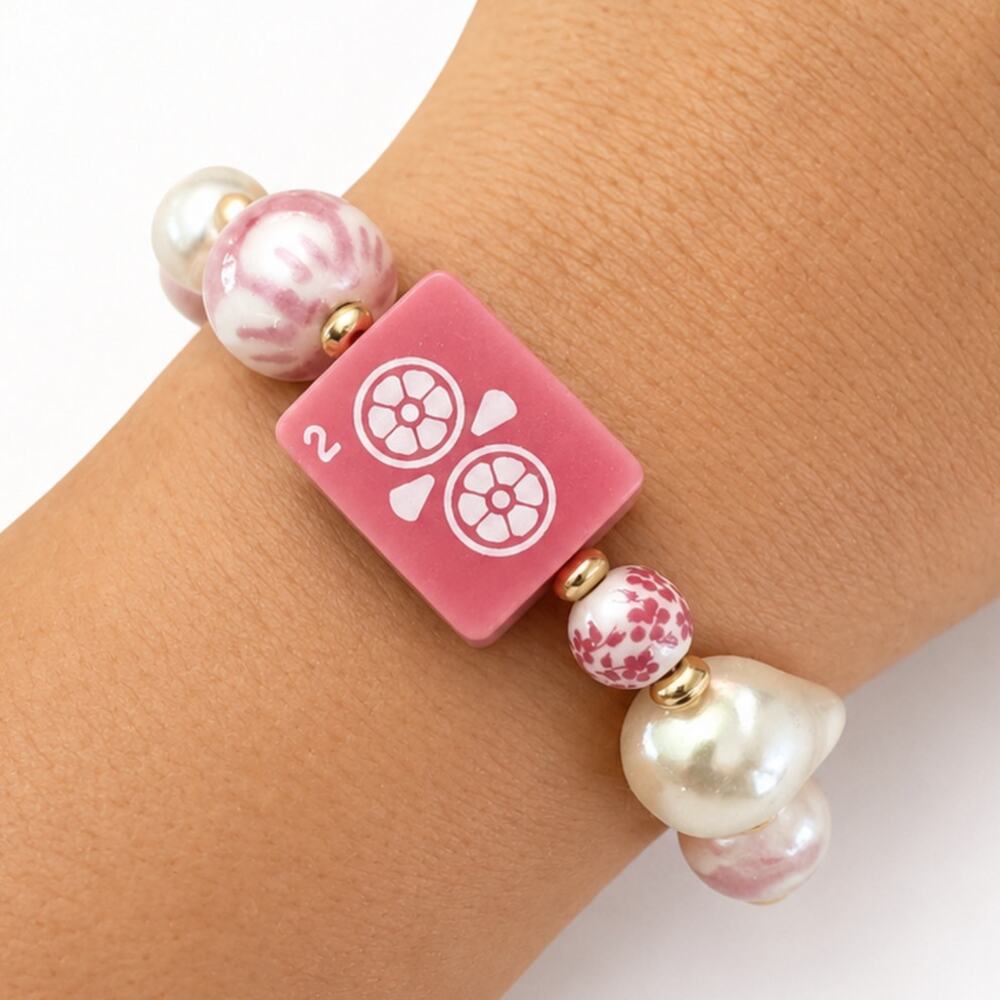 Mahjong Tile Mixed Bead Stretch Bracelet | Lucky Pink